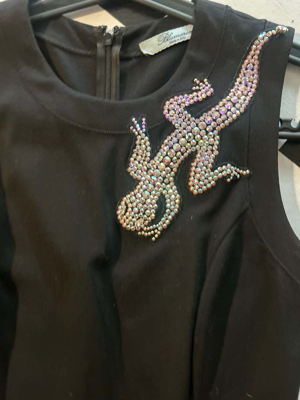 Blumarine Black Sleeveless Crystal Embellished Gecko Lizard Midi Sheath Dress